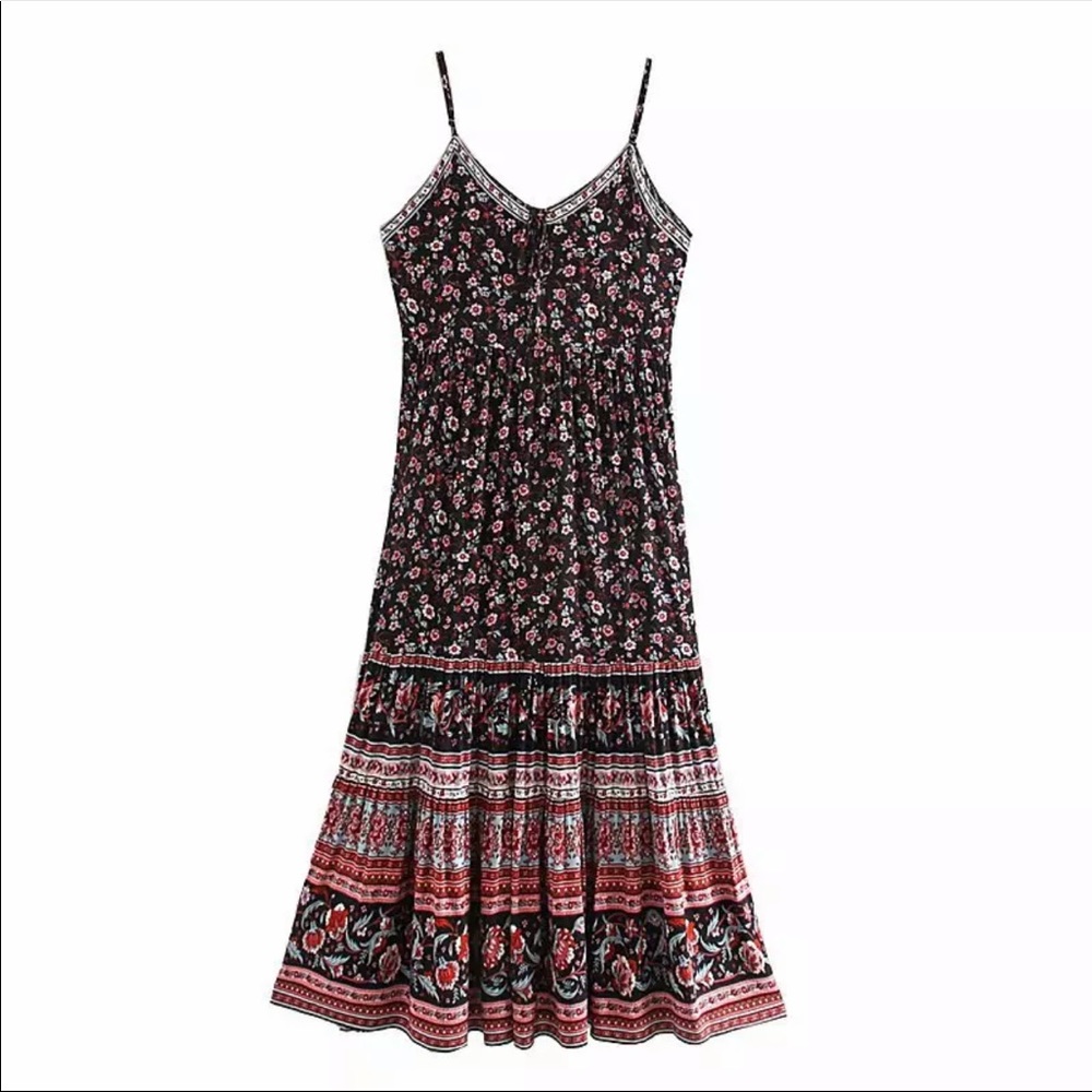 Boho Floral Gypsy Print Cami Maxi Dress Black - Picture 4 of 16